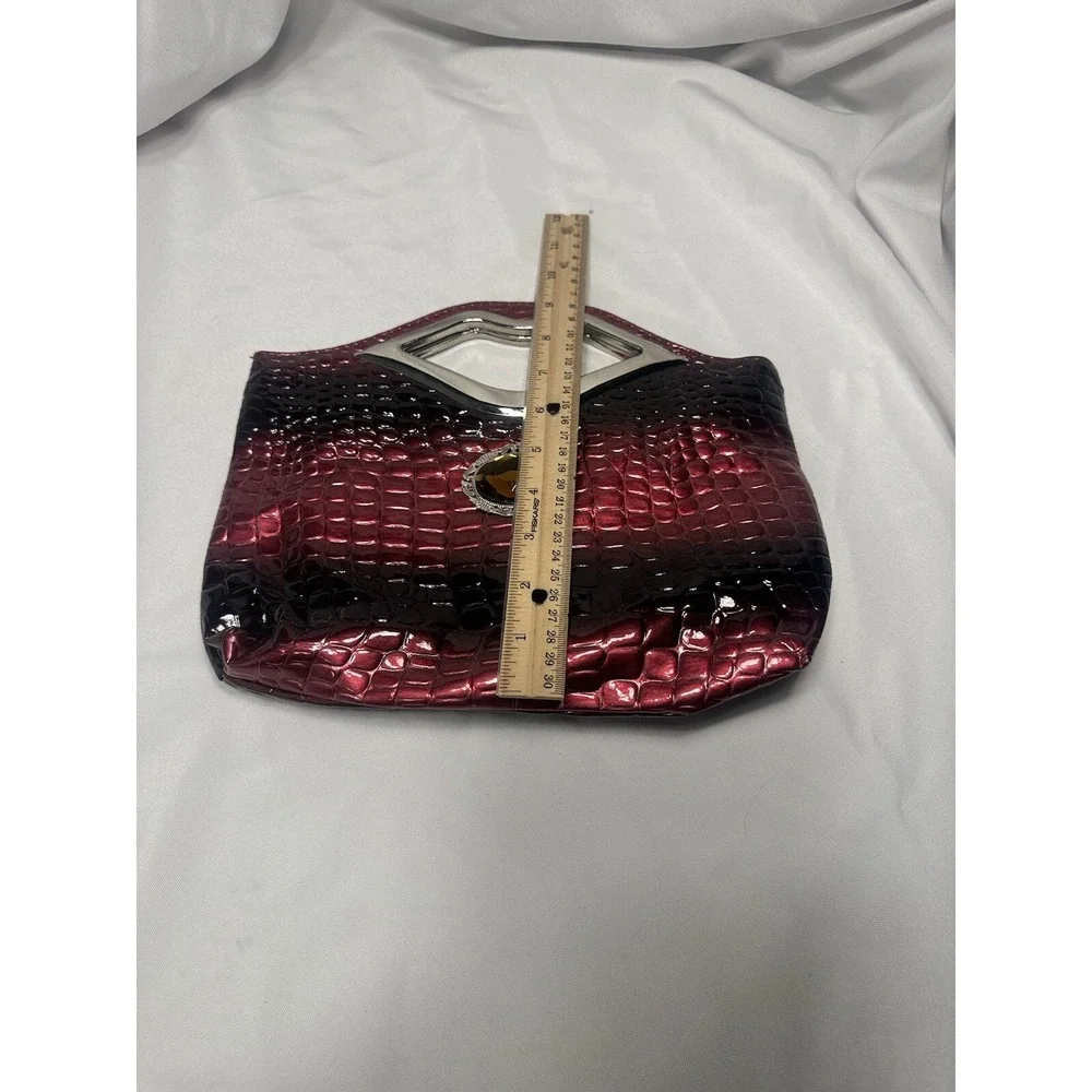 Burgundy Ombre Faux Croc Lip Handle Clutch Bag Amber Jewel Accent Patent Finish